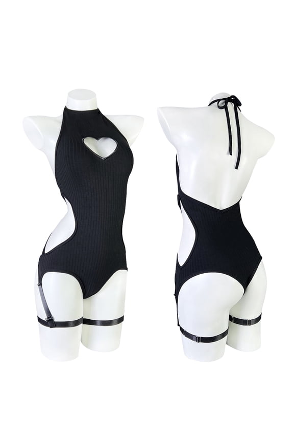 Women's Lingerie Knitting Backless Bodysuit Corset Heart Shape Top Sexy Egirl Jumpsuit Role-Playing Bodysuit