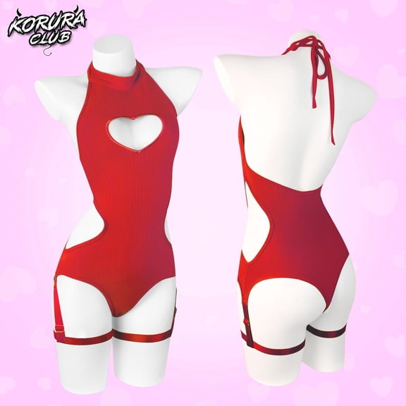 KORURACLUB Women's Lingerie Knitting Backless Bodysuit Corset Heart Shape Top Sexy Egirl Jumpsuit Role-Playing Bodysuit