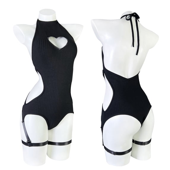 KORURACLUB Women's Lingerie Knitting Backless Bodysuit Corset Heart Shape Top Jumpsuit Role-Playing Bodysuit