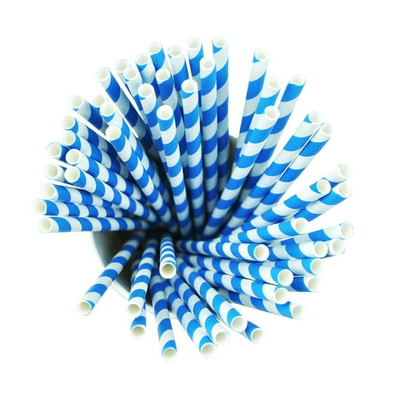 KOS 100 Paper Straws - Blue and White Striped - Drinking Straw biodegradable compostable eco-friendly party restaurant cocktail (Pack of 100)