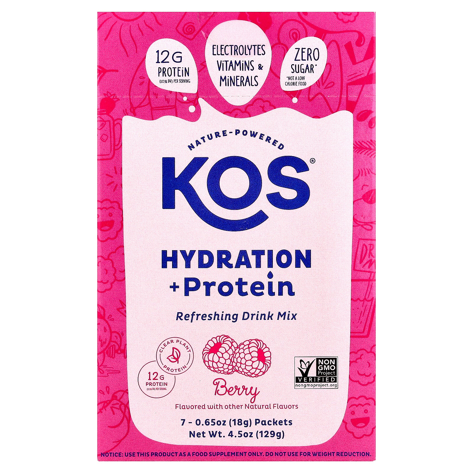 KOS Hydration + Protein, Refreshing Drink Mix, Berry, 7 Packets, 0.65 oz (18 g) Each