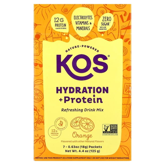 KOS Hydration + Protein, Refreshing Drink Mix, Orange , 7 Packets, 0.65 oz (18 g) Each