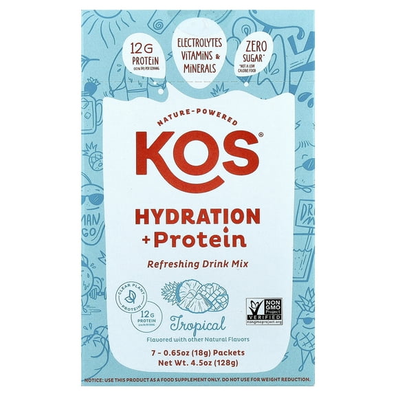 KOS Hydration + Protein, Refreshing Drink Mix, Tropical , 7 Packets, 0.65 oz (18 g) Each