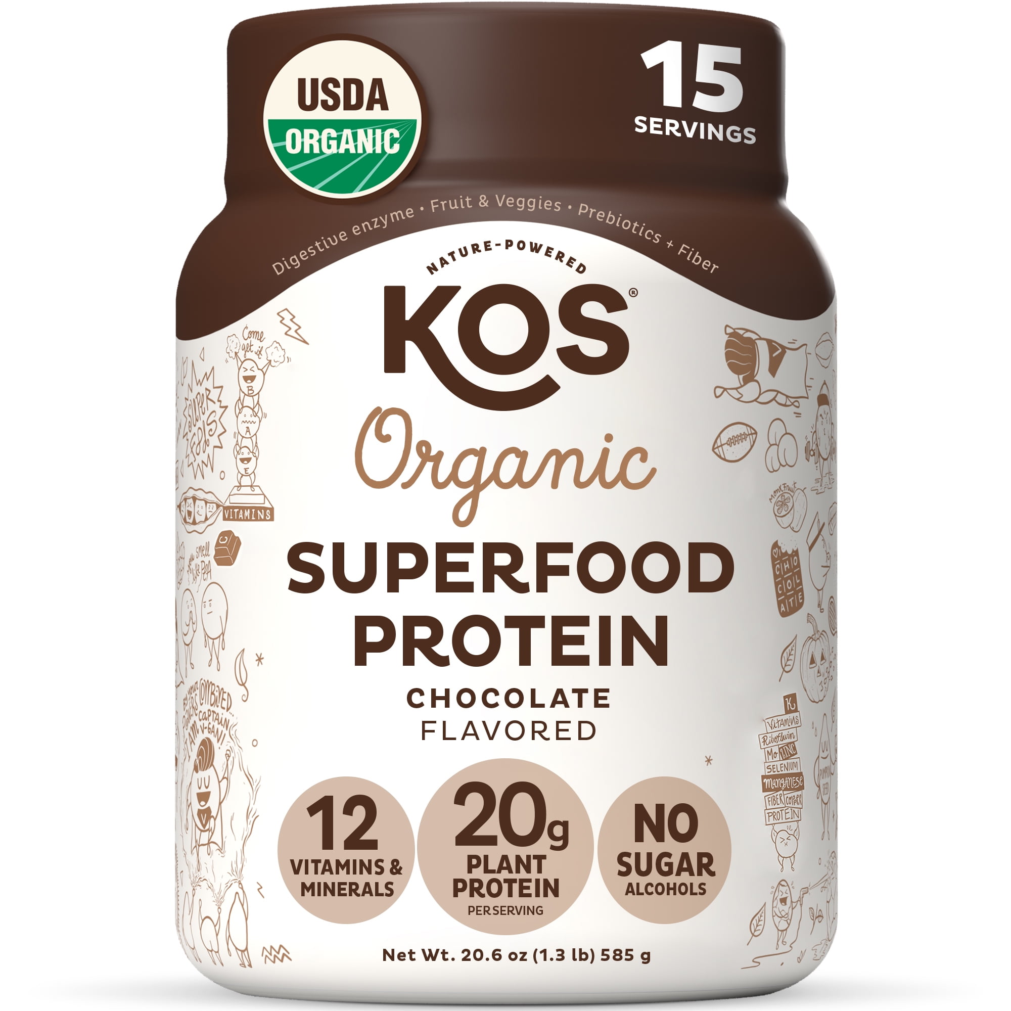 KOS Plant Based Protein Powder, Chocolate USDA Organic - Low Carb Pea Protein Blend, Vegan Superfood with Vitamins &amp;amp; Minerals - Keto, Soy, Dairy Free - Meal Replacement for Women &amp;amp; Men - 15 Servings