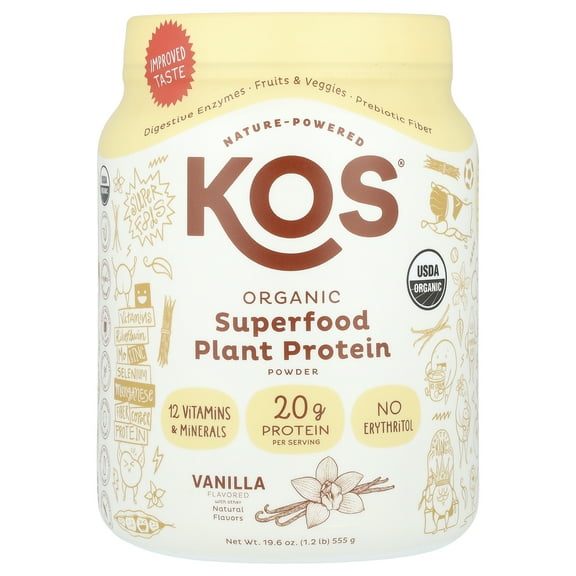 KOS Vegan Protein Powder Erythritol Free, Vanilla - USDA Organic Pea Protein Blend, Plant Based Superfood Rich in Vitamins & Minerals - Keto, Dairy Free - Meal Replacement for Women & Men, 15 Servings