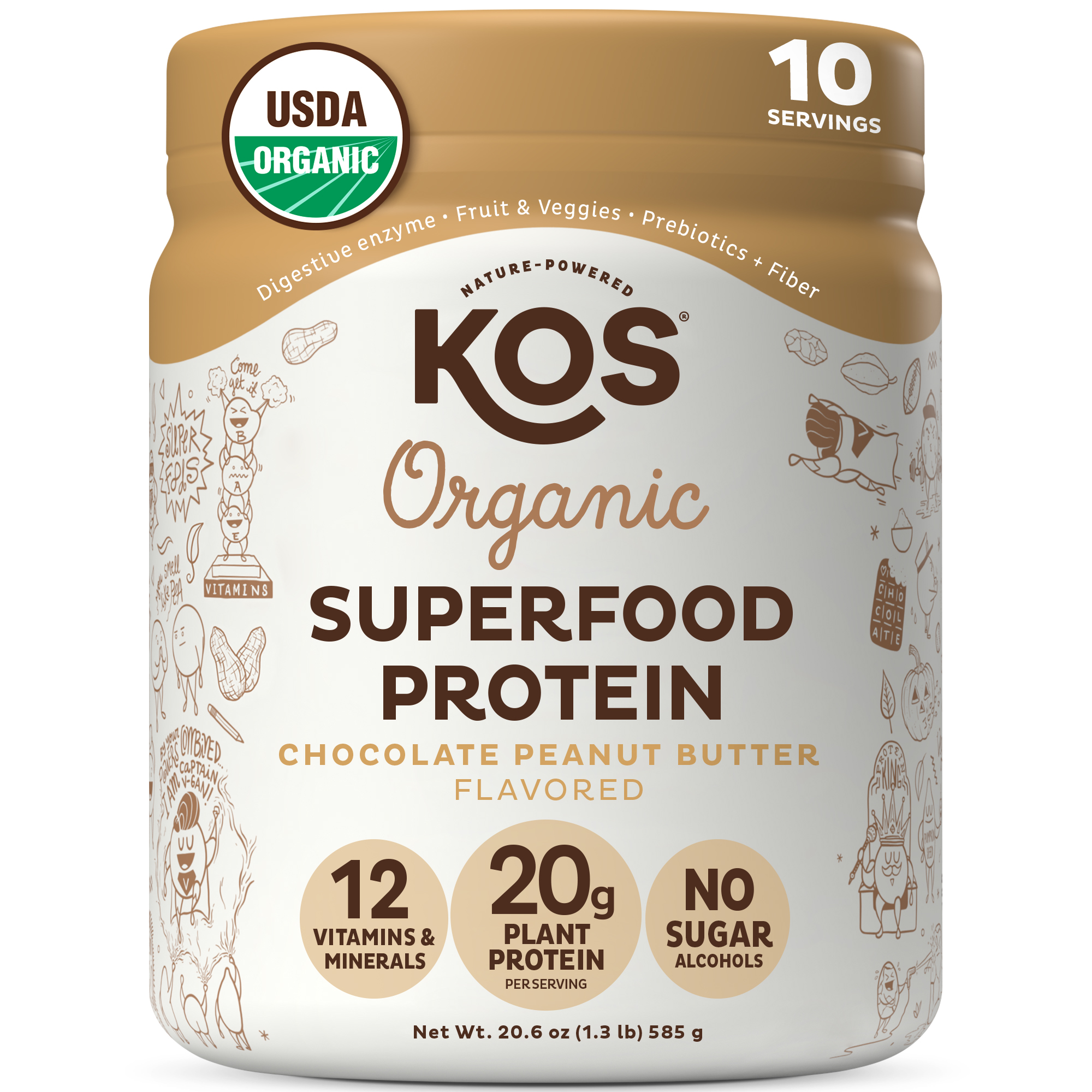 KOS Organic Vegan Protein Powder, Chocolate Peanut Butter, 20g Protein