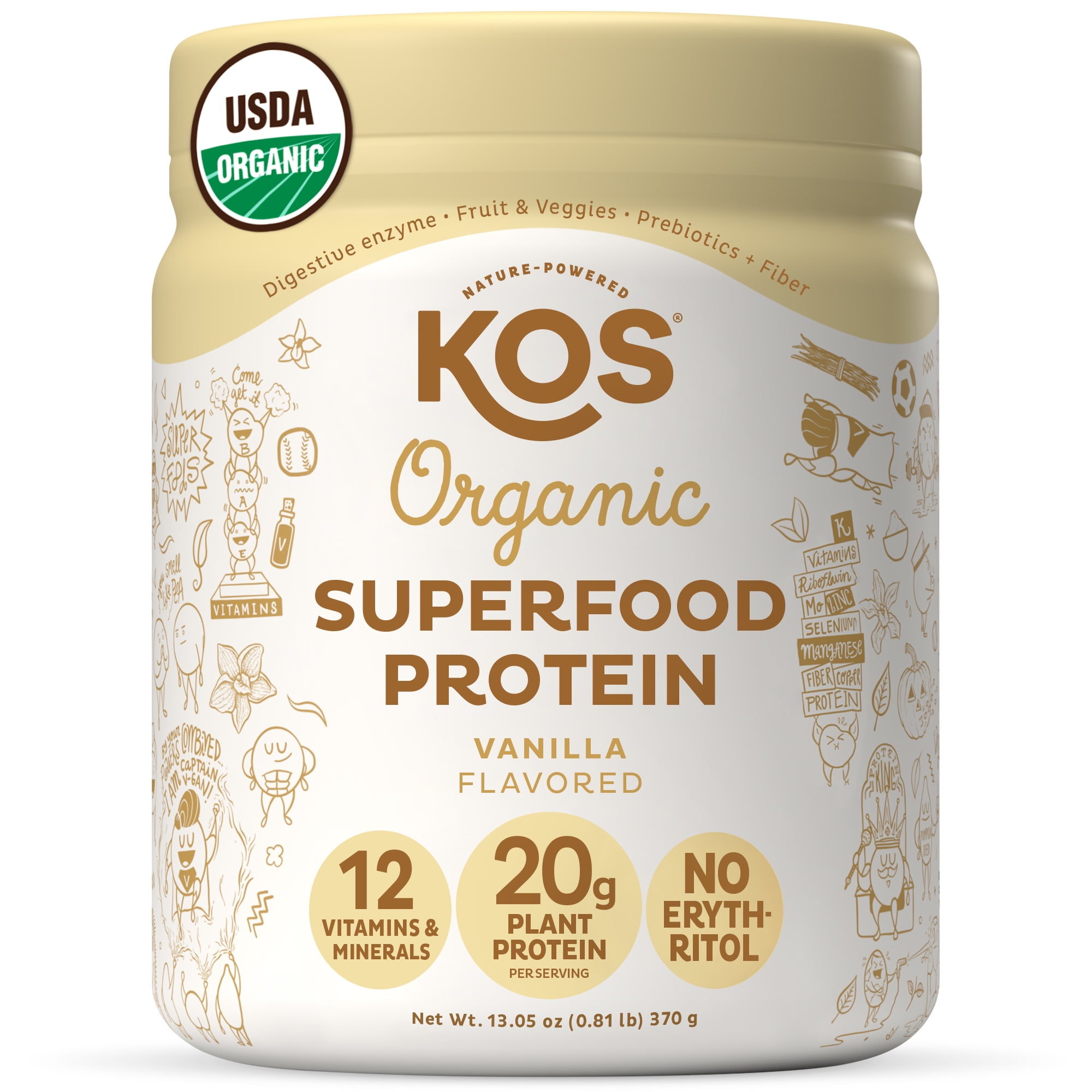 KOS Organic Vegan Protein Powder, Vanilla, 20g Protein, 12 Vitamins