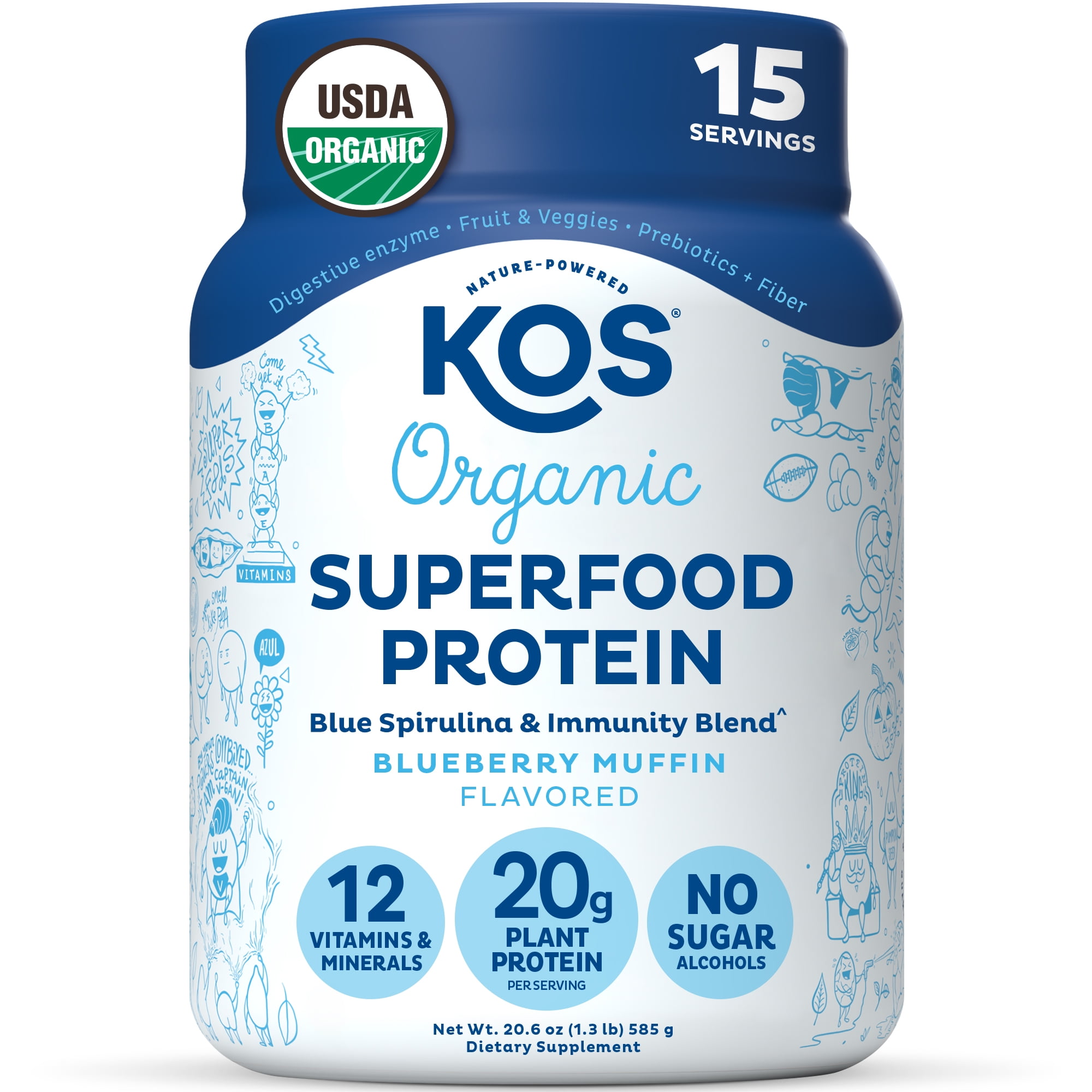 KOS Plant Based Protein Powder, No Erythritol, Blueberry Muffin