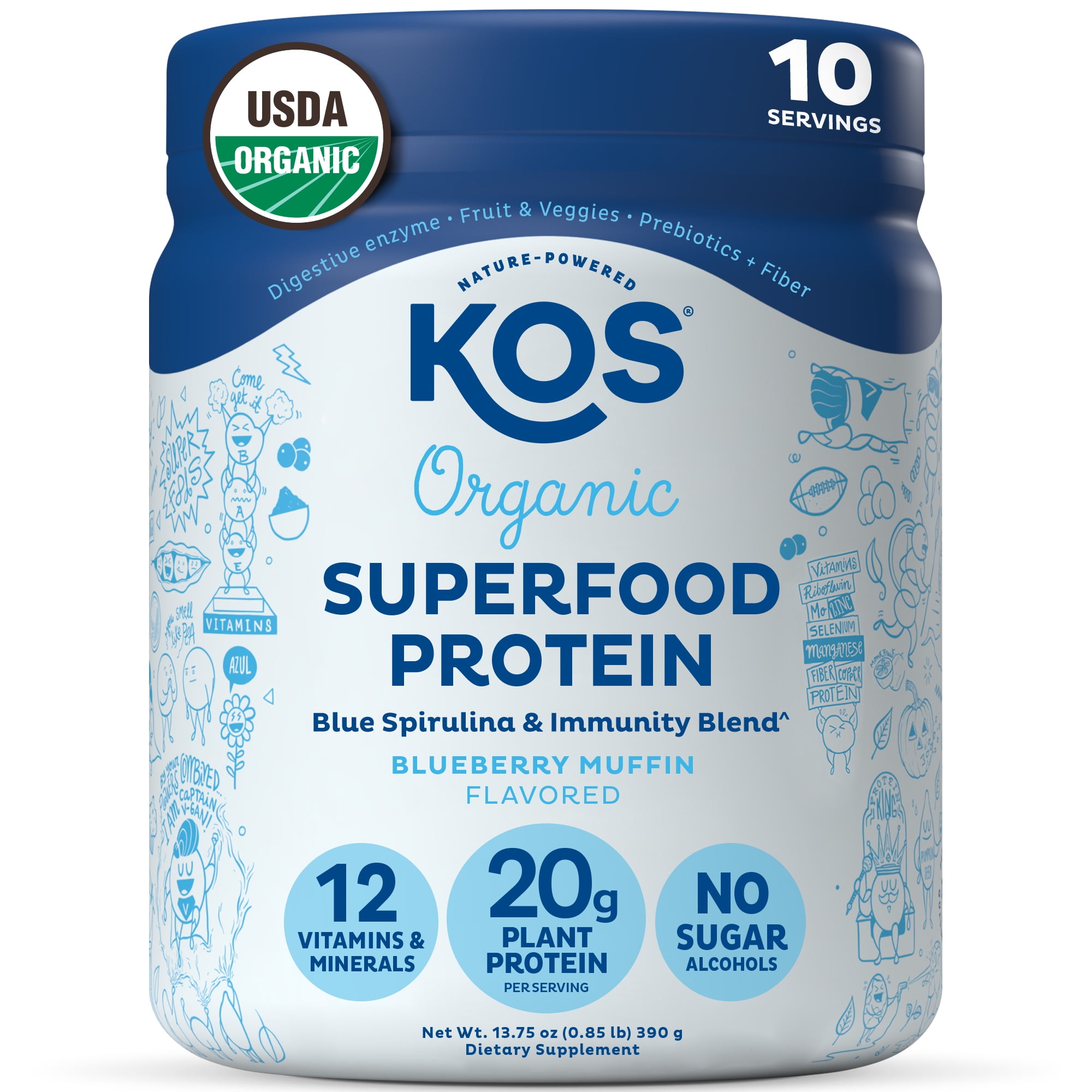 KOS Plant Based Protein Powder, No Erythritol, Blueberry Muffin