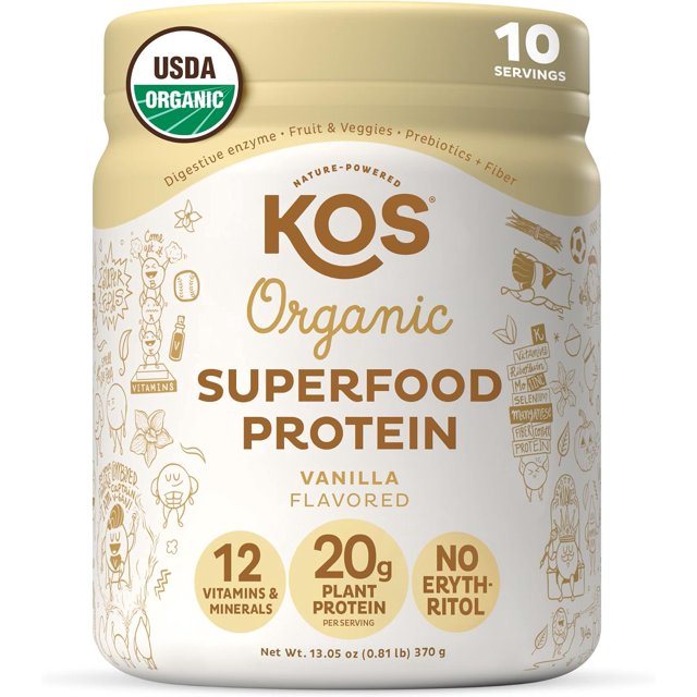 KOS Plant Based Protein Powder, Vanilla USDA Organic Low Carb Pea