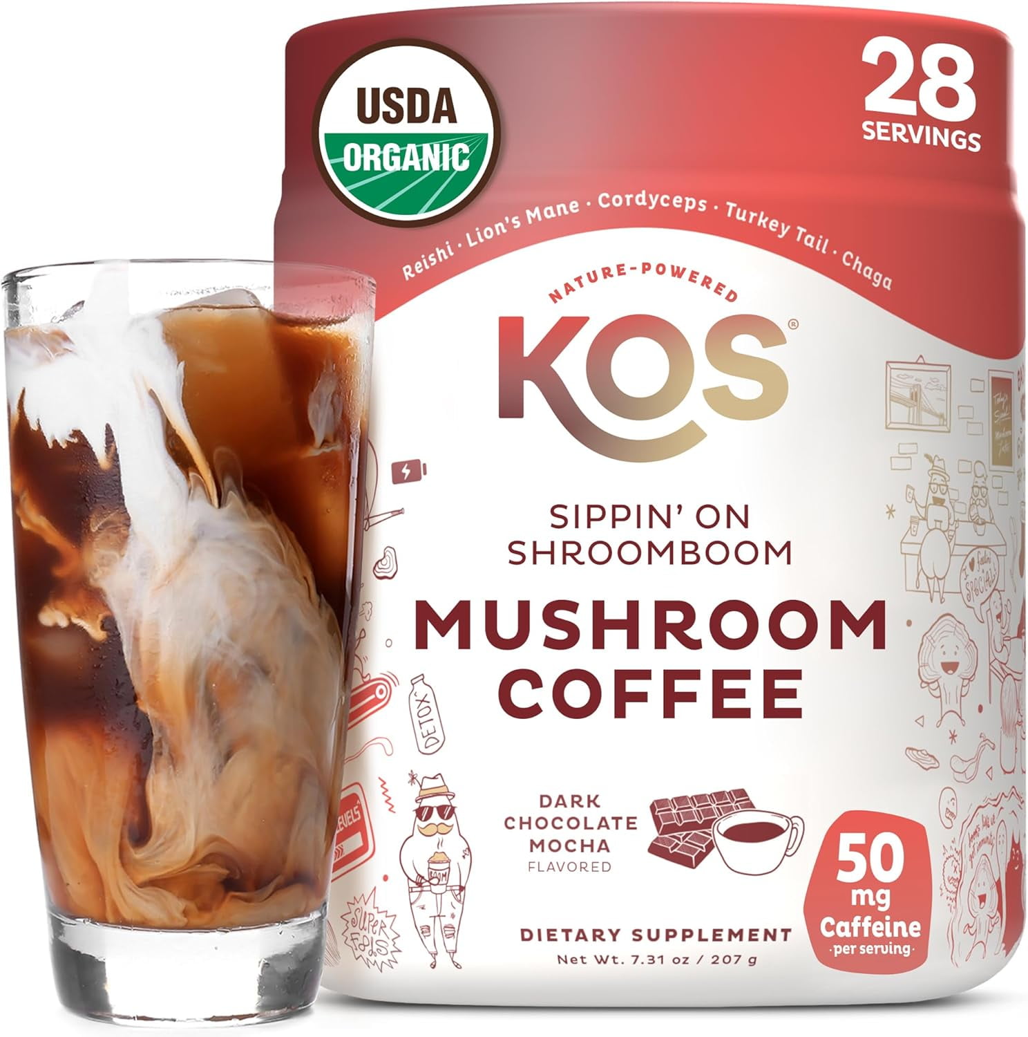 KOS Organic Mushroom Coffee Mix, Dark Chocolate Mocha Flavor, Non