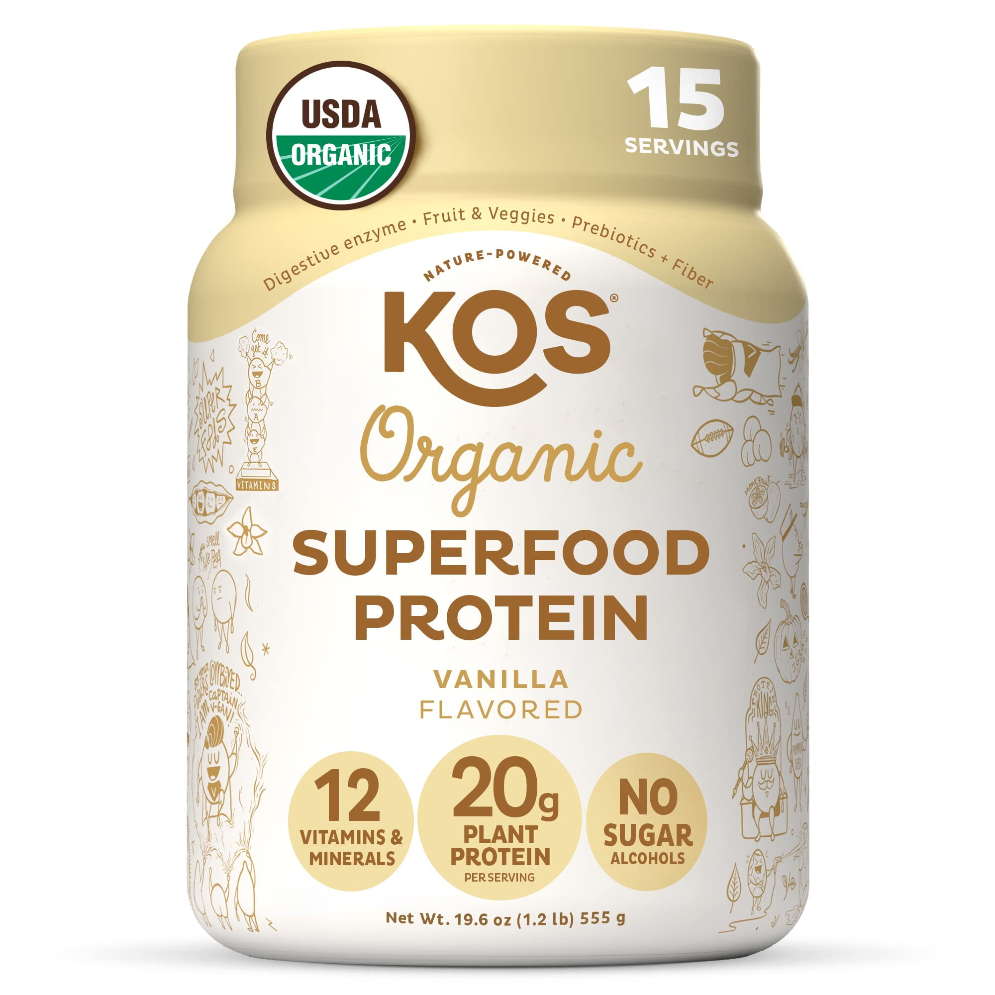 KOS Vegan Protein Powder Erythritol Free, Vanilla USDA Organic Pea