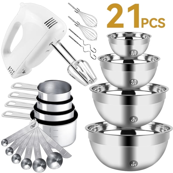 KOSBON Electric Hand Mixer Mixing Bowls Set, Upgrade 5-Speeds Mixers with Silver Nesting Stainless Steel Mixing Bowl, Measuring Cups and Spoons Whisk Blender - Baking Supplies for Cooking