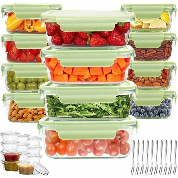KOSBON Glass Food Storage Containers Set, 12 Clear Glass Storage Containers with Lids & 50 Sets Disposable Plastic Portion Cups,Glass Meal Prep Containers