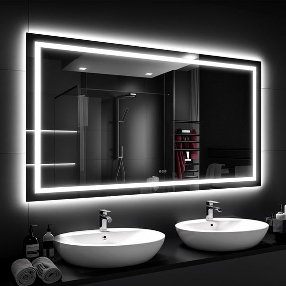 KOSMONIA 59x36" Bathroom Vanity Mirror,LED Bathroom Mirror with 3 Color Dimmable 528 LED Chips Light,Anti-Fog High Strength Tempered Glass Bathroom Wall Mirror Backlit Front Lit,Rectangle Color Black