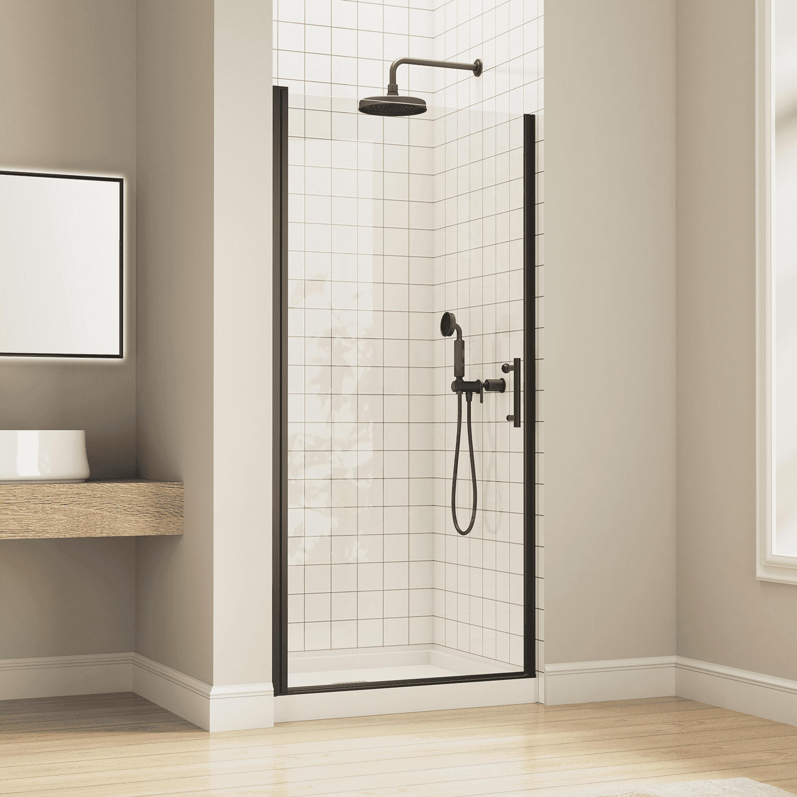 KOSMONIA Frameless Pivot Swing Shower Door 36" W x 72" H,Glass Shower Door Seal Strip with 1/4" (6mm) Clear Easy Clean Coating Tempered Glass,Stainless steel,Color Matte Black,Reversible Installation