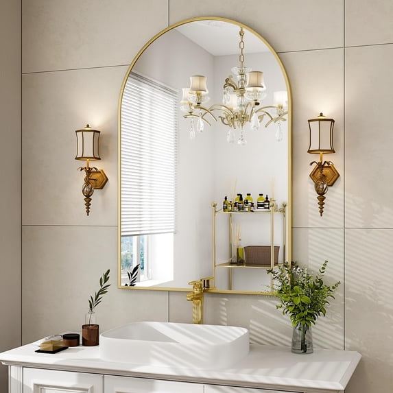 KOSSMAI Arch Wall Mirror with Metal Frame 24"X36" For Bathroom, Dining Room, Living Room, Entry Gold