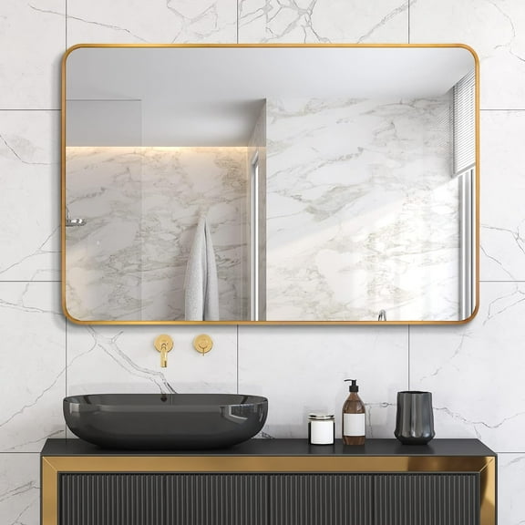 KOSSMAI Rectangular Wall Mirror with Round Coner for Bathroom, Living Room, Bedroom, Dining Room 30"X40" Gold