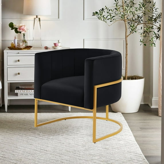 KOSSMAI Upholstered Velvet Accent Barrel Chair with Golden Metal Legs for Living Room Bedroom Office Lounge Chair, Mid-Century Modern Style Armchair (Black)