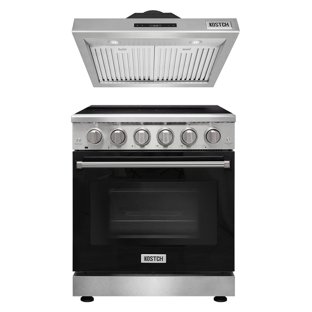 KOSTCH 2 Piece Kitchen Appliance Package with 30” Freestanding Electric Range with 4.55 cu. ft. Convention Oven and 30” 1000CFM Range Hood Kitchen Appliance Bundles