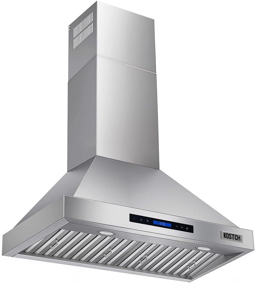 KOSTCH 30 inch Convertible Ducted Wall-Mount Range Hood, 600 CFM Kitchen Vent Hood with 3 Speed Exhaust Fan & LED Light, Kitchen Range Hood with Touchscreen Control Panel & Remote Control