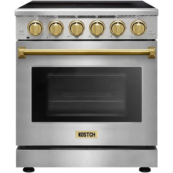 KOSTCH 30 inch Professional Electric Range with 5 Heating Elements Cooktop, 4.55 Cu. Ft. Convection Oven Capacity, Smooth Glass Top, in Stainless Steel (Stainless Steel/Bronze)