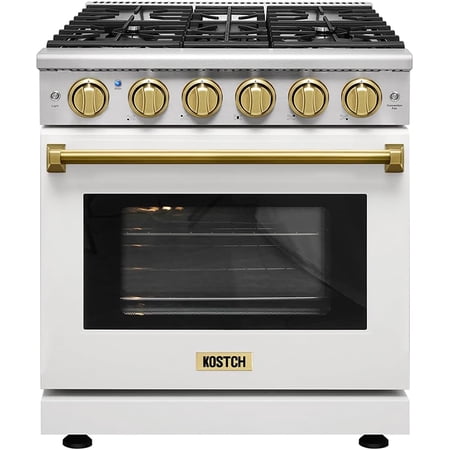 KOSTCH 30 inch Professional Freestanding Pro-Style Liquid Propane Gas Range with 5 Burners, 4.55 cu.ft. Oven Capacity, in Stainless Steel - KOS-30RG03MLP (White/Bronze)