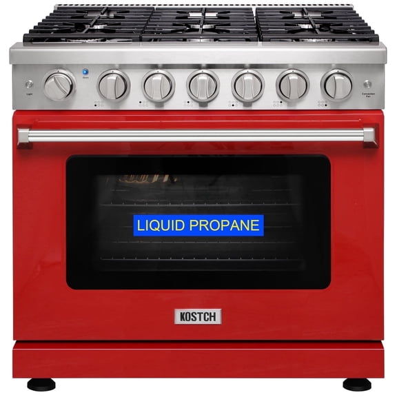 KOSTCH 36in Freestanding Liquid Propane Gas Range with 6 Sealed Burners and 6 Cu. ft Oven, Stainless Steel in Red, 110V