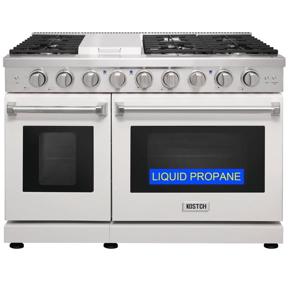 KOSTCH 48in Propane Gas Range with 6 Sealed Burners & 1 Griddle, 4.6 Cu ft Convection Oven and 2.2 Cu ft Oven, Stainless Steel, White