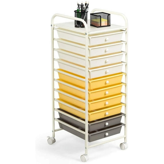 KOTEK 10-Drawer Rolling Storage Cart, Multipurpose Utility Cart Mobile Craft Cart w/Drawers & Wheels, Home Office School Tools Scrapbook Paper Organizer (Yellow)