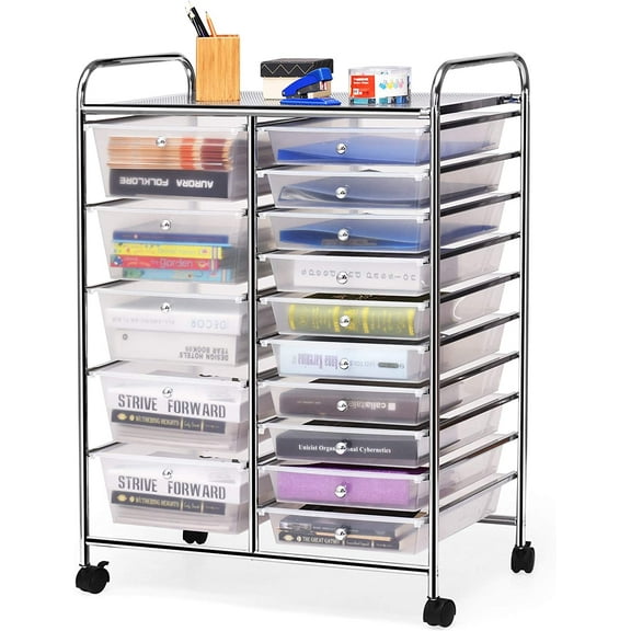 KOTEK 15-Drawer Rolling Storage Cart, Multipurpose Mobile Utility Cart with 4 Wheels, Home Office School Tools Scrapbook Paper Organizer (Clear)
