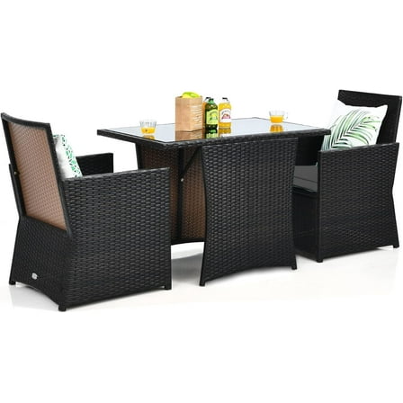 KOTEK 3 Piece Outdoor Dining Set, PE Rattan Dining Table & Chairs Set with Tempered Glass Top & Cushions, Wicker Conversation Set, Patio Bistro Set for Backyard Garden Porch (Grey)