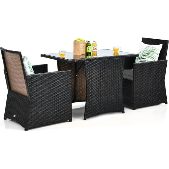 KOTEK 3 Piece Outdoor Dining Set, PE Rattan Dining Table & Chairs Set with Tempered Glass Top & Cushions, Wicker Conversation Set, Patio Bistro Set for Backyard Garden Porch (Grey)