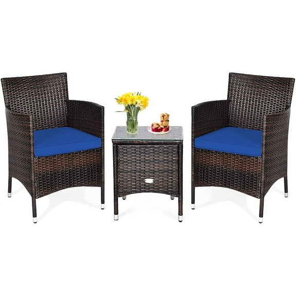 KOTEK 3 Piece Patio Furniture, Outdoor Wicker Conversation Set w/Glass Top Coffee Table, Thick Cushions, Rattan Bistro Set for Patio, Garden, Porch, Lawn (Navy)