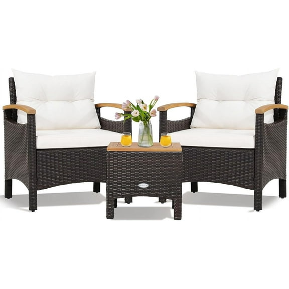 KOTEK 3 Piece Patio Furniture Set, Outdoor Conversation Set with Removable Cushions, Acacia Wood Tabletop and Armrests, PE Rattan Wicker Bistro Set for Porch, Balcony, Backyard (White), Onesize