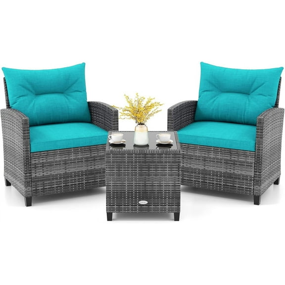 KOTEK 3 Piece Patio Furniture Set, Outdoor PE Rattan Conversation Set with Washable Cushions & Tempered Glass Tabletop, Wicker Chairs and Table Set for Porch, Garden, Balcony (Turquoise)