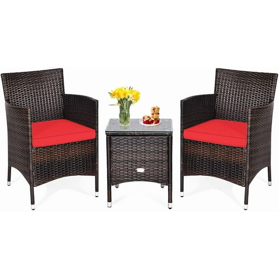 KOTEK 3 Piece Patio Furniture Set, Outdoor Wicker Conversation Set w/Glass Top Coffee Table, Thick Cushions, Rattan Bistro Set for Patio, Garden, Porch, Lawn (Red)