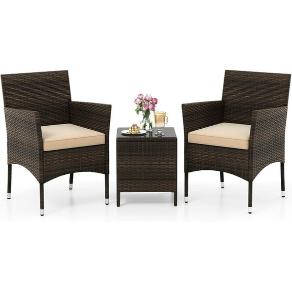 KOTEK 3 Piece Patio Furniture Set, Outdoor Wicker Patio Chairs with Soft Cushions & Tempered Glass Top Table, PE Rattan Bistro Set for Porch, Garden, Balcony (Beige)