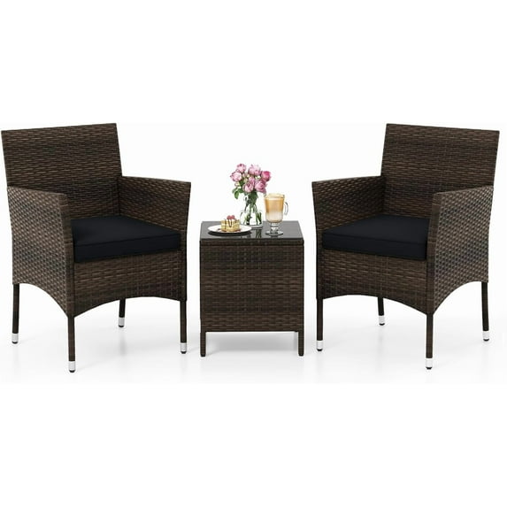 KOTEK 3 Piece Patio Furniture Set, Outdoor Wicker Patio Chairs with Soft Cushions & Tempered Glass Top Table, PE Rattan Bistro Set for Porch, Garden, Balcony (Black)