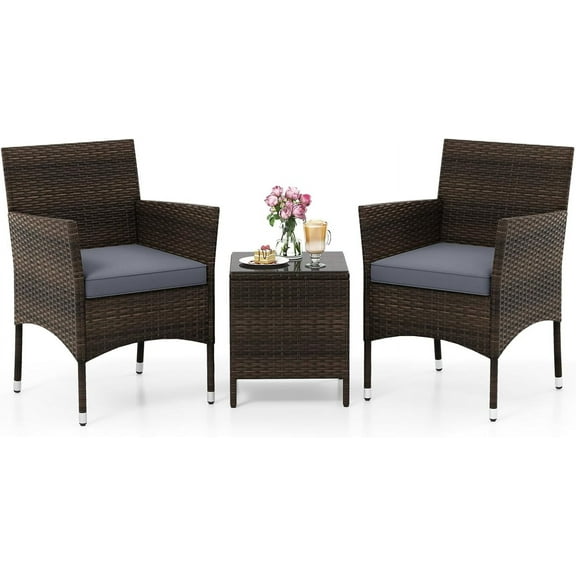 KOTEK 3 Piece Patio Furniture Set, Outdoor Wicker Patio Chairs with Soft Cushions & Tempered Glass Top Table, PE Rattan Bistro Set for Porch, Garden, Balcony (Grey)