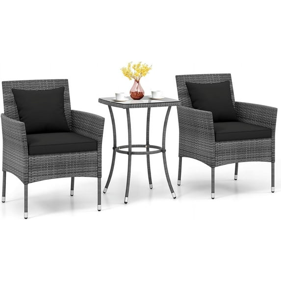 KOTEK 3 Pieces Patio Furniture Set, PE Rattan Outdoor Conversation Set with Tempered Glass Table & Soft Cushions, Wicker Bistro Set for Garden, Porch, Balcony (Black)