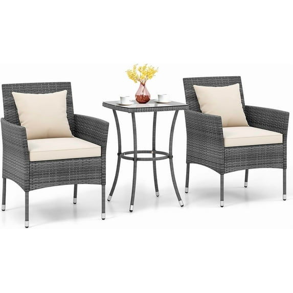 KOTEK 3 Pieces Patio Furniture Set, PE Rattan Outdoor Conversation Set with Tempered Glass Table & Soft Cushions, Wicker Bistro Set for Garden, Porch, Balcony (Off White)