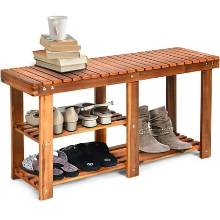 KOTEK 3 Tier Shoe Rack Bench, Premium Acacia Wood Storage Bench, Multifunctional Shoe Organizer with Boots Storage, Shoe Shelf with Seat, for Entryway, Hallway, Living Room, Bedroom
