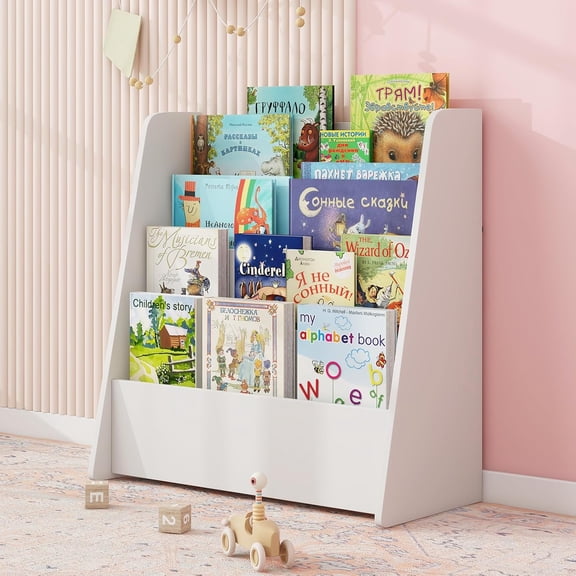 KOTEK 4-Tier Kids Bookshelf, Wooden Book & Magazine Storage Rack with Deep Compartments, Single-Sided Display Shelf for Toddlers, Small Book Shelf for Kids Room, Nursery, Classroom (White)