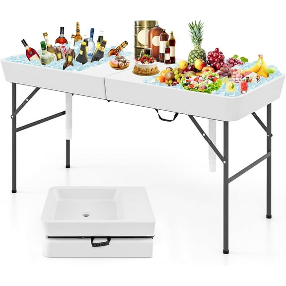 KOTEK 5 FT Folding Ice Cooler Table with Double Sinks and Drains, Portable Ice Table with Matching Skirt, Beverage Cooler Table, Chill Table for Party, Picnic, BBQ, Camping
