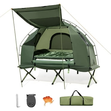 KOTEK 5-in-1 Tent Cot, Off The Ground Tent with Air Mattress, Sleeping Bag, Pillow, Canopy, Zippered Mesh Windows & Carry Bag, Elevated Tent for Camping Hiking Traveling Picnic