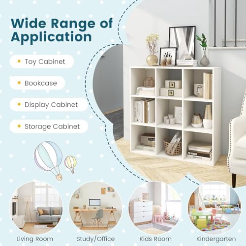 KOTEK 9 Cube Toy Storage Organizer - 3-Tier Wooden Shelf, 35.5"H, White, With Anti-Tilt Device, For Kids Room, Playroom, Nursery