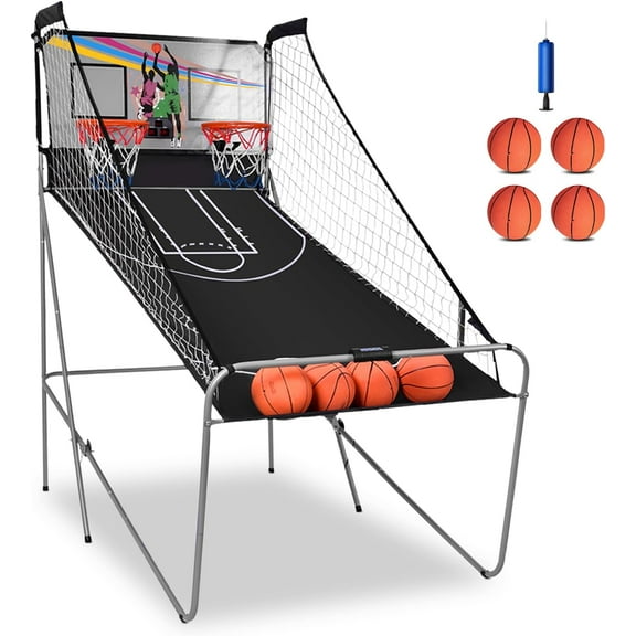 KOTEK Basketball Arcade Game Indoor, Foldable Dual Shot Electronic Basketball Games for 2 Players w/8 Game Options & LED Scoring System, Basketball Hoop Arcade for Family Home Play (Silver)