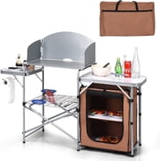 KOTEK Camping Kitchen Table, Folding Camp Table with Detachable Windscreen, Storage Organizer & Carrying Bag, Portable Outdoor Cooking Station for BBQ, Party, Picnic, RV Traveling Brown