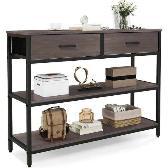 KOTEK Console Table with 2 Folding Drawers, Narrow Sofa Table with Metal Frame, Couch Table Behind Sofa, 3-Tier Entryway Table for Hallway, Foyer, Living Room, Grey Oak